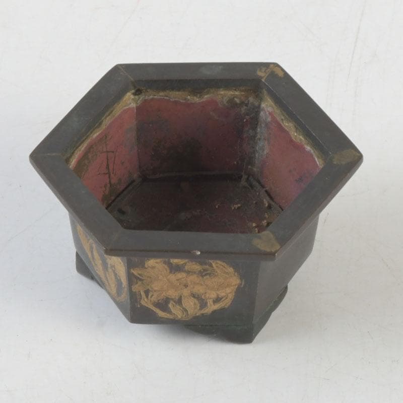 中国　古銅　金彩　花草文　小さな香炉　V　9641