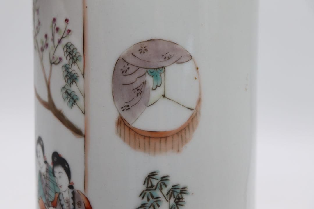 岐No28 中国　清時代　粉彩美女図筆筒　帽筒① 同治年製　送料込み0503