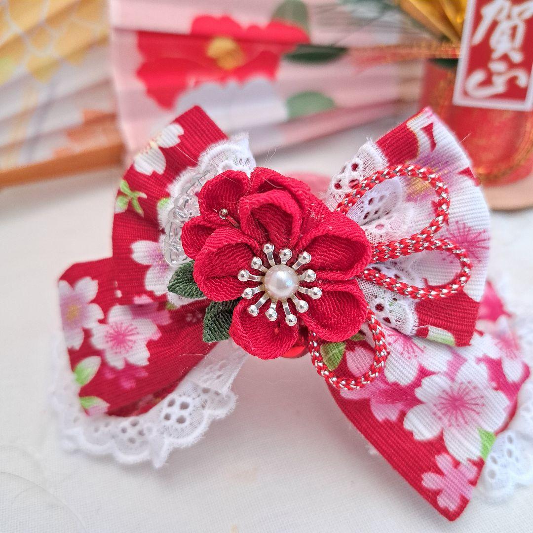 お正月仕様和風つまみ細工(赤⑤)わんちゃん猫ちゃん用襟つき首輪