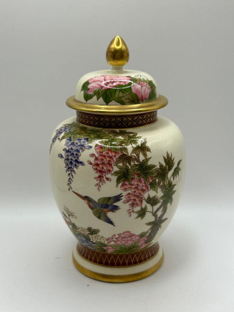 京薩摩　花鳥紋　蓋付壺　茶道具　送料込み0823