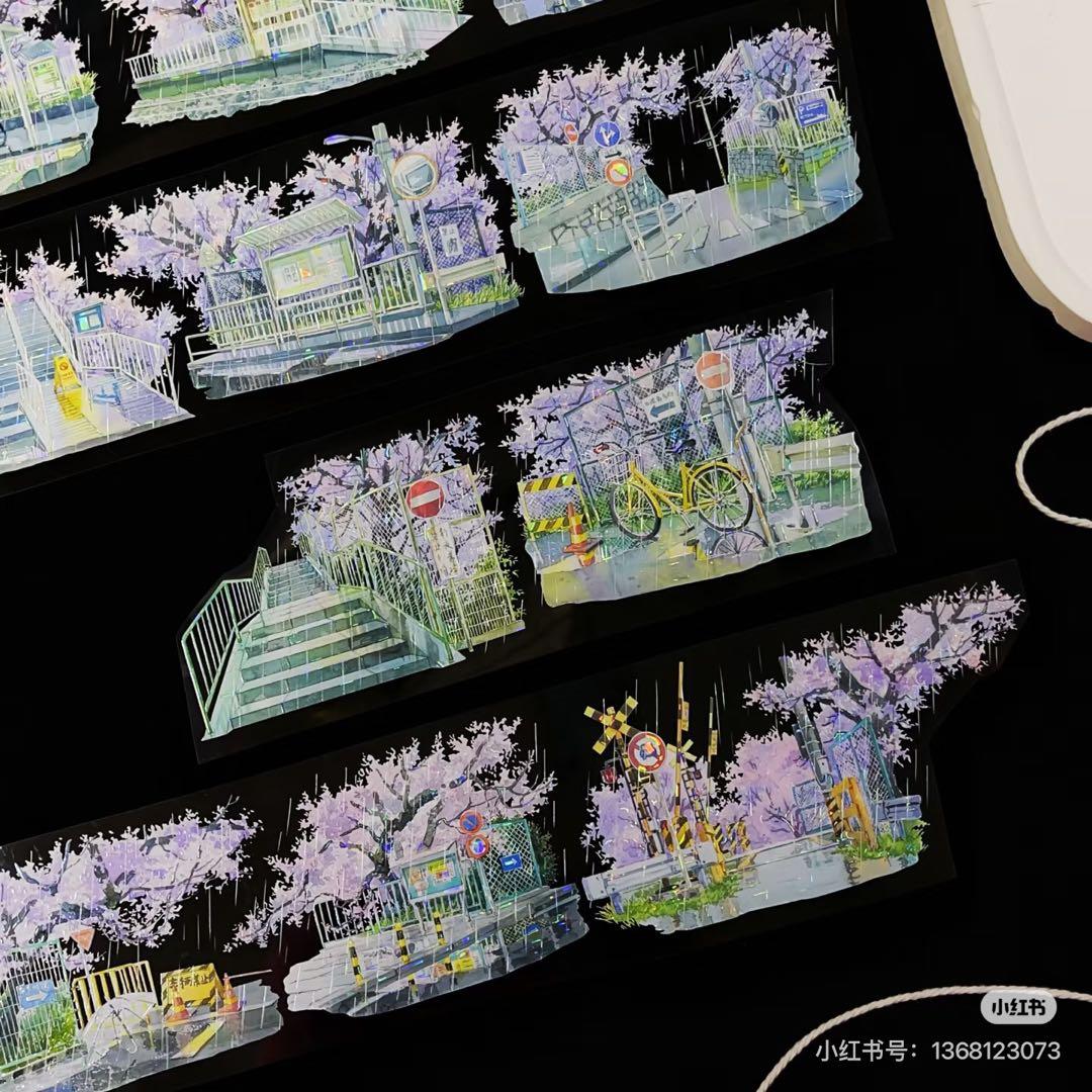 【9102】海外　マステ　3/5/巻　貝殻光マスキングテープ雨景色　街　桜背景系