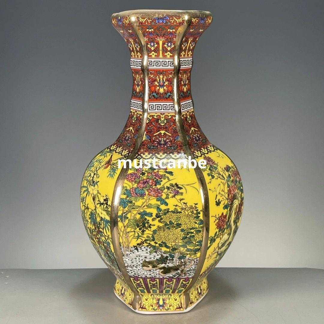 琺瑯黄色窓開け四季花鳥鶴六方花瓶 景徳鎮 陶磁器 装飾品 現代工芸品美術品 置物