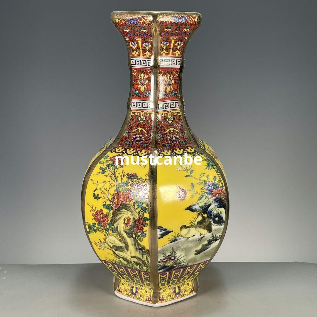 琺瑯黄色窓開け四季花鳥鶴六方花瓶 景徳鎮 陶磁器 装飾品 現代工芸品美術品 置物