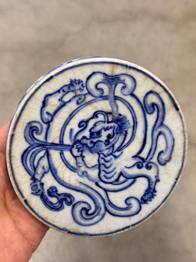 青花染付 龍文 急須台（壺台） 有底款 古陶磁 時代物