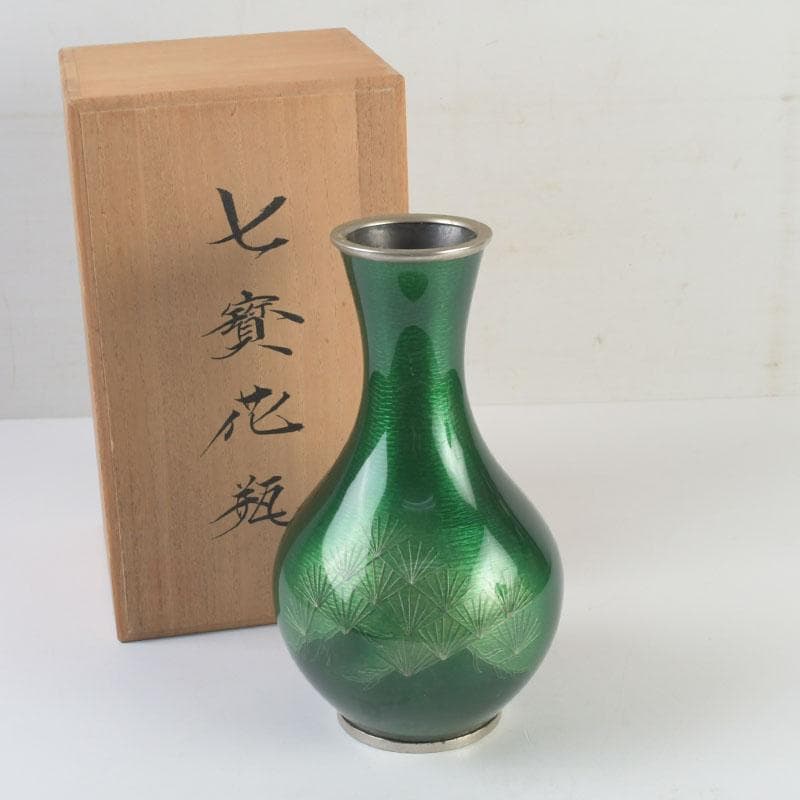 七宝焼　緑釉　松文　花瓶　共箱　V　9827