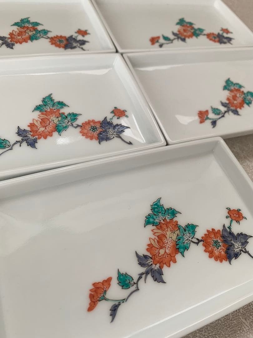 人間国宝 14代 酒井田柿右衛門 角皿 5枚 牡丹