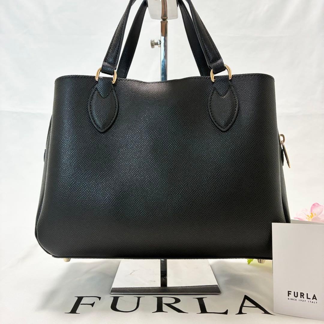 【未使用級/カード付】フルラ ミネルヴァ 2way ハンドバッグ レザー 黒