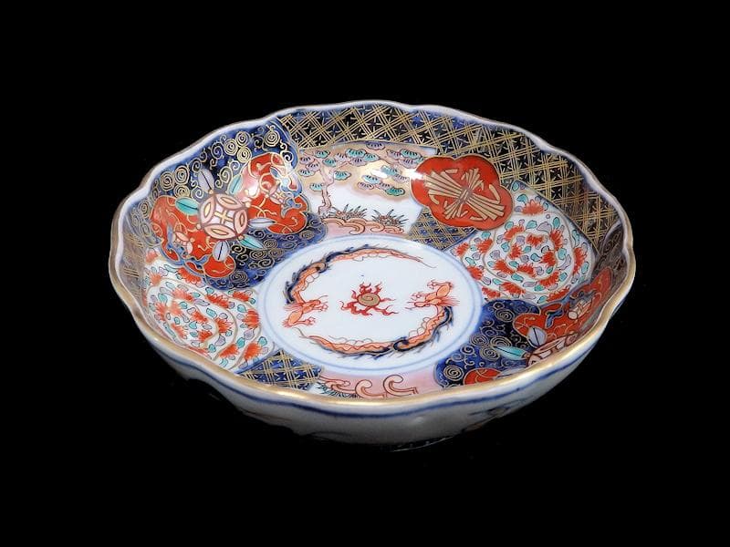 古伊万里　金襴手　宝珠に団龍紋　熨斗に花の図　膾皿　３客　D972AS-CBn