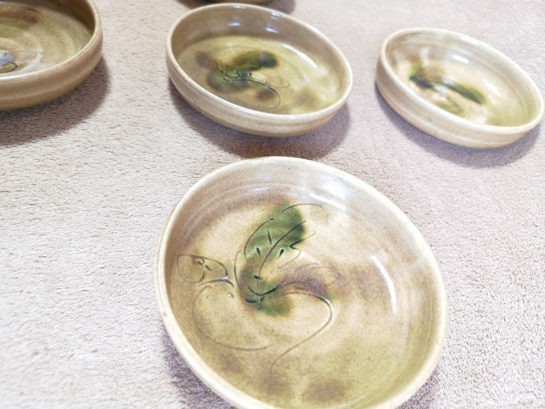 【陶器皿　水野敬子　工芸品】黄瀬戸　５枚　菓子皿　銘々皿　和食器　小皿