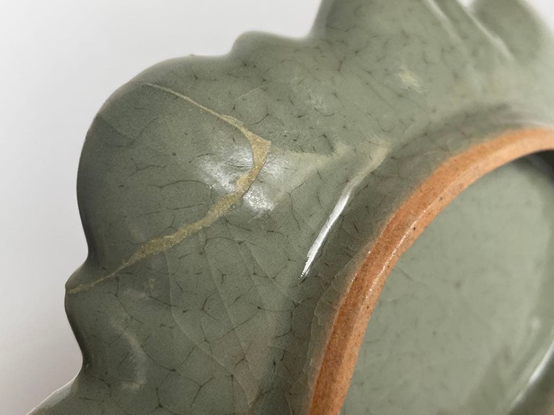 骨董　アンティーク　古九谷青磁　青磁瑠璃釉 葉文 葉形小皿　変形皿　向付