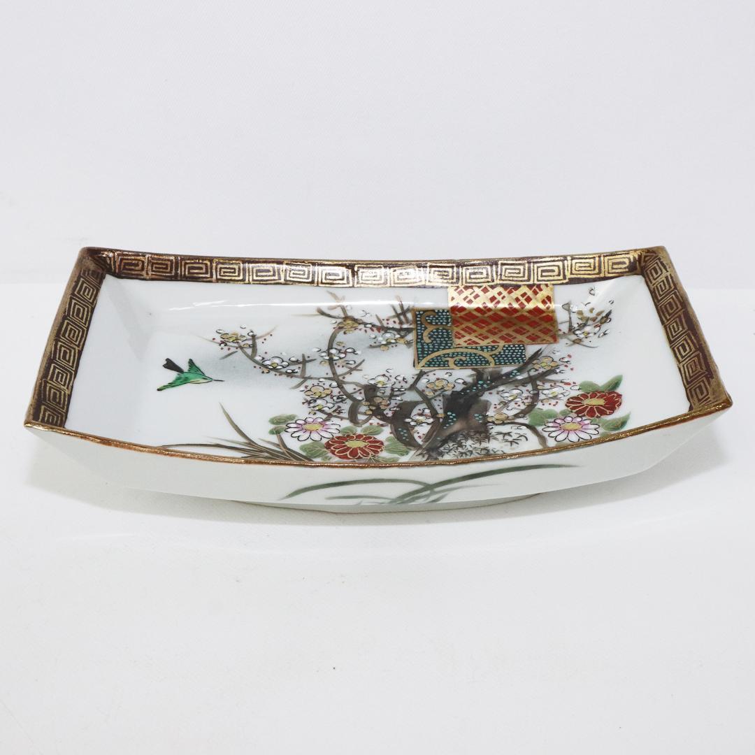 九谷焼 青粒 梅に鶯 刺身皿 角皿　明治九谷　5客