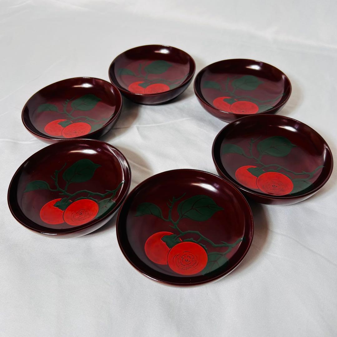 柿の柄がとても美しい【明治時代】の輪島塗 小皿 6枚