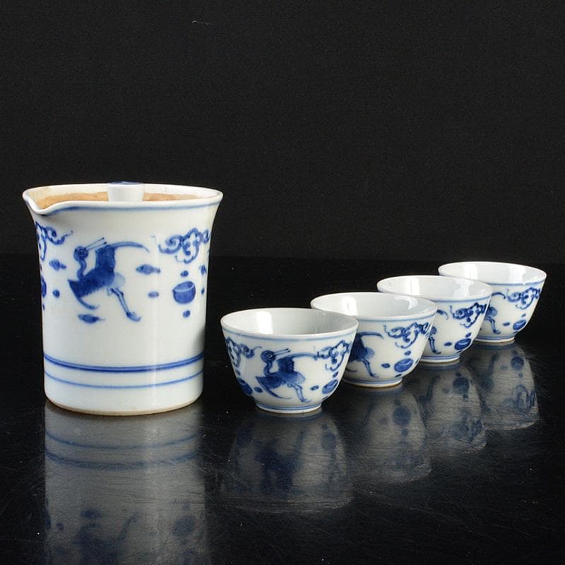 煎茶道具　京焼　平安春峰作　染付雲鶴文　煎茶器　宝瓶　煎茶碗四客　M　R6805