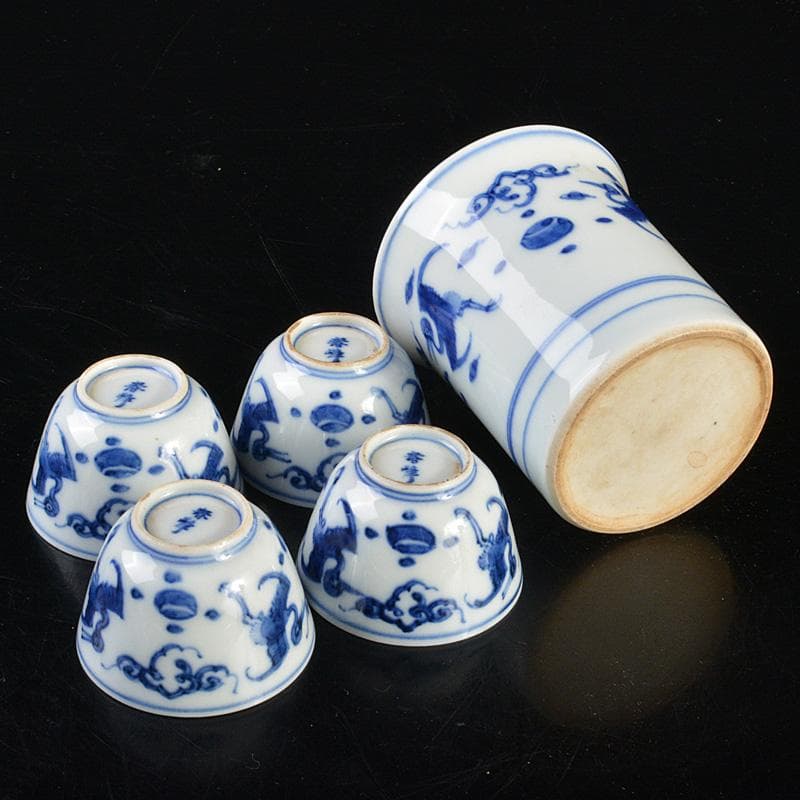 煎茶道具　京焼　平安春峰作　染付雲鶴文　煎茶器　宝瓶　煎茶碗四客　M　R6805