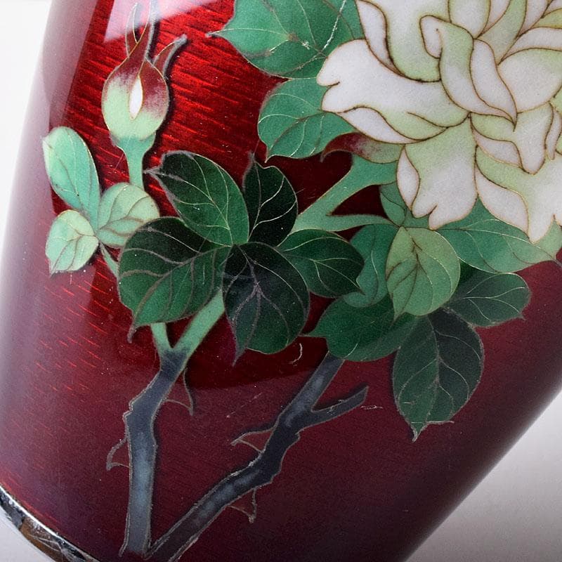 七宝焼　安藤七宝店造　赤透　薔薇文　花瓶　共箱　7891C