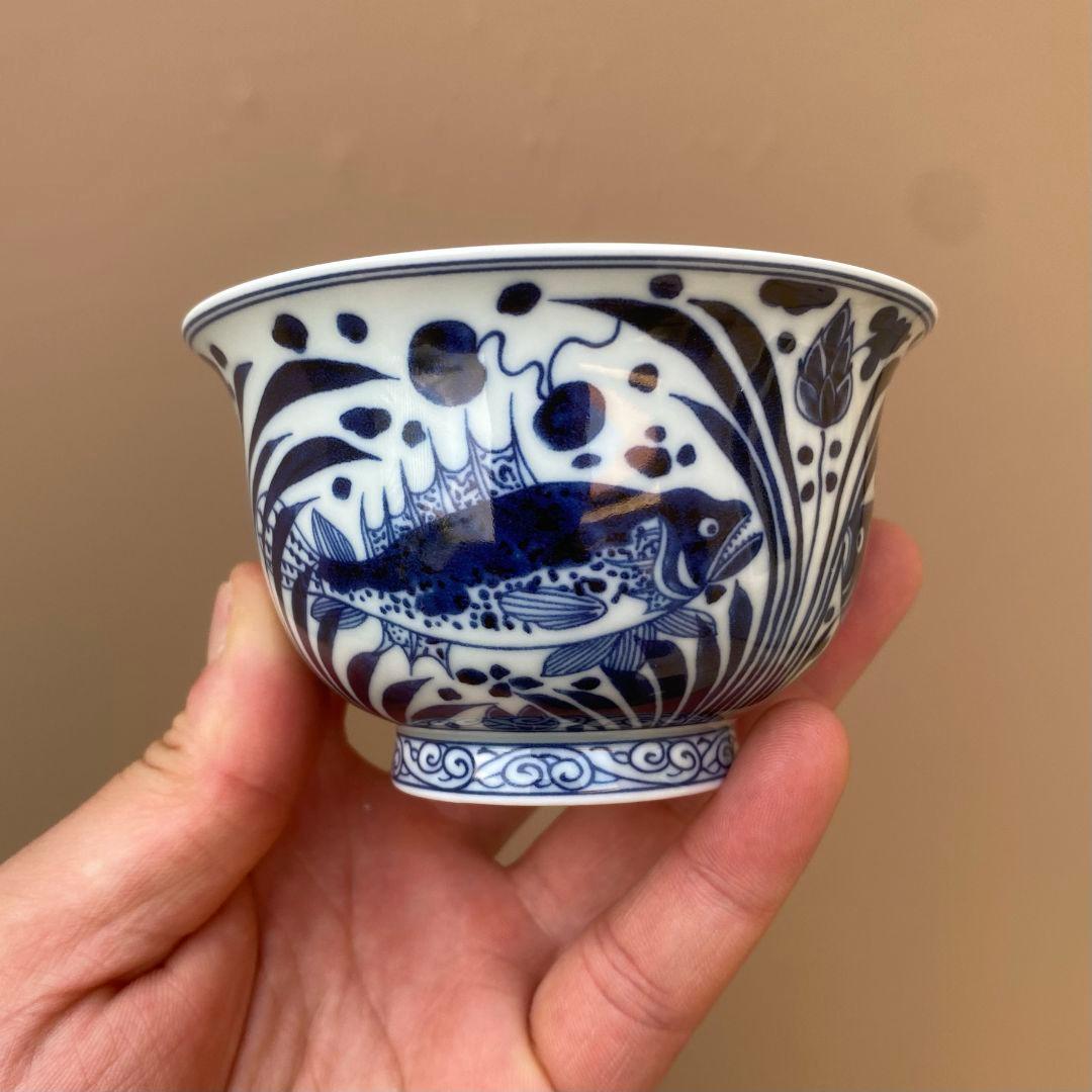 景徳鎮 元青花磁器魚藻紋懸停二才蓋碗 茶碗 煎茶器