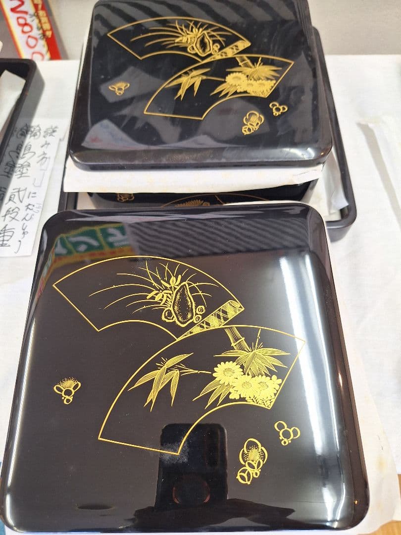 新品！越前河和田(かわだ)漆塗りお重　扇面四君子 二段かさね御重 一枚 蓋