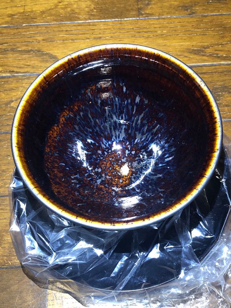 油滴天目茶碗 玳瑁 銀巻き縁 流れる星空