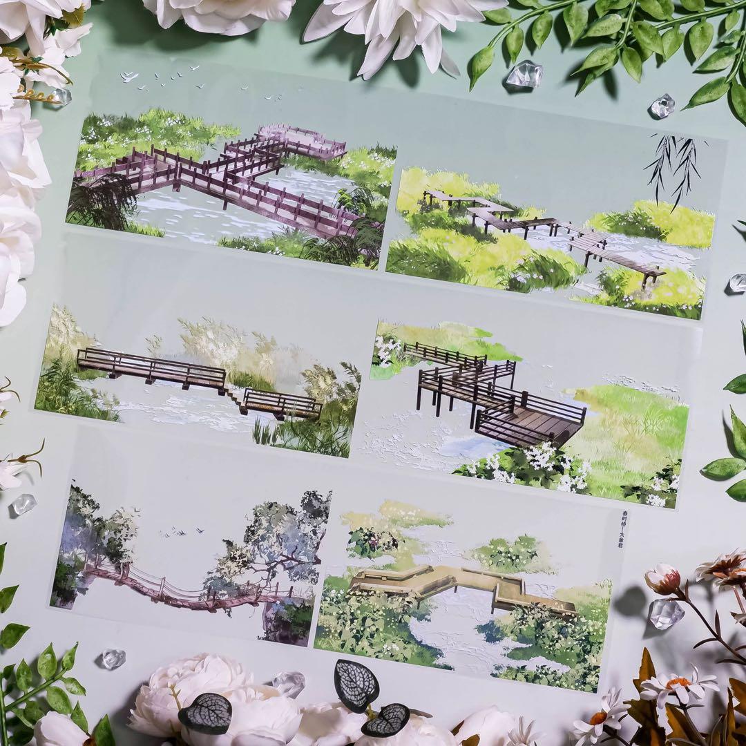 【8881】海外　マステ　5m巻　PETマスキングテープ　橋　池　春景色背景系