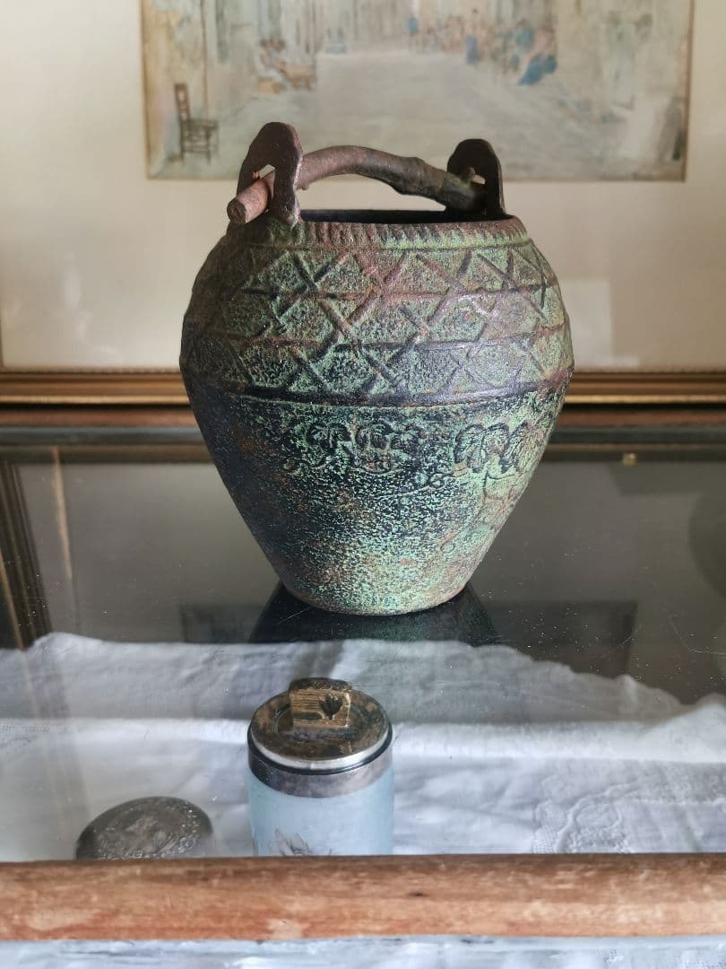 和骨董 青銅花瓶 美しい緑青 朝顔/蔦葉紋 竹象手付き花器 花入れ アンティーク
