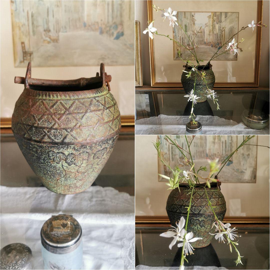 和骨董 青銅花瓶 美しい緑青 朝顔/蔦葉紋 竹象手付き花器 花入れ アンティーク