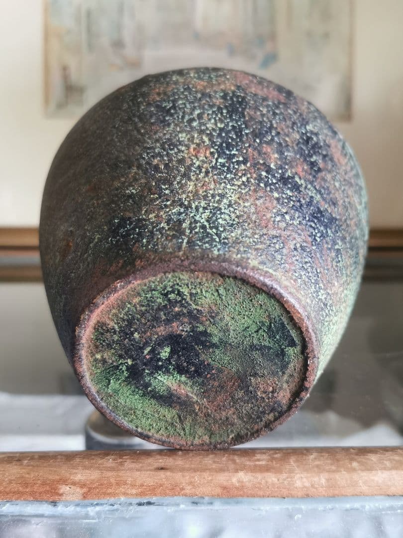 和骨董 青銅花瓶 美しい緑青 朝顔/蔦葉紋 竹象手付き花器 花入れ アンティーク