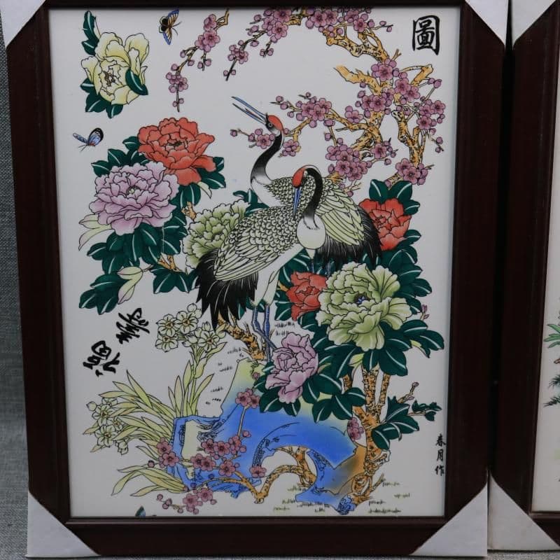 景徳鎮 花鳥図陶板画 書斎 装飾品 工芸品 美術品 置物