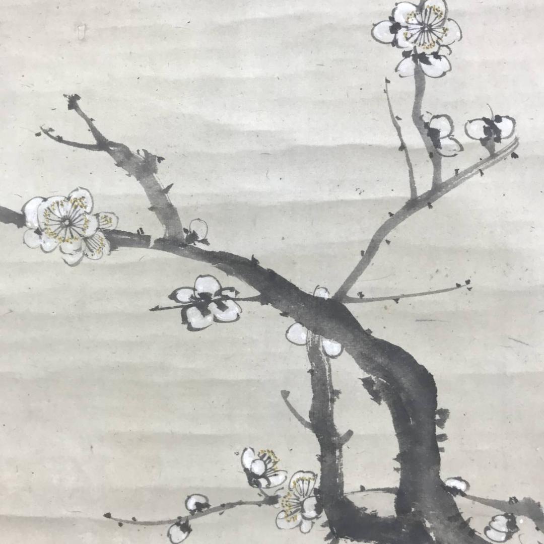 真作/米宝/梅花画賛/白梅図/横物/掛軸/名家伝来/AD-962