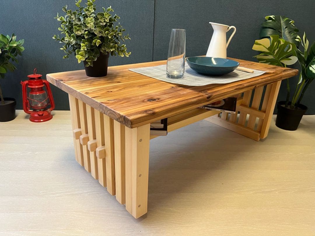 【オーダー】 ローテーブル 和風 木組縦格子 収納付き