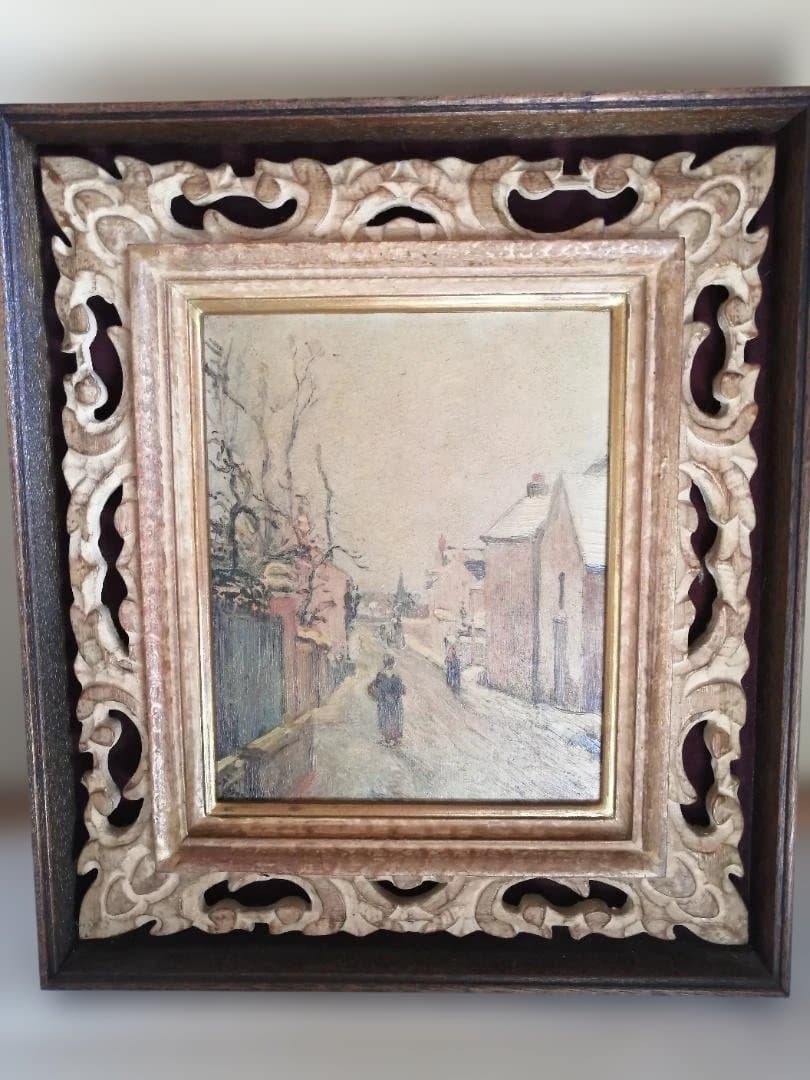 複製画「カミーユ・ピサロ　冬景色」　ヴィンテージ重厚な額付き