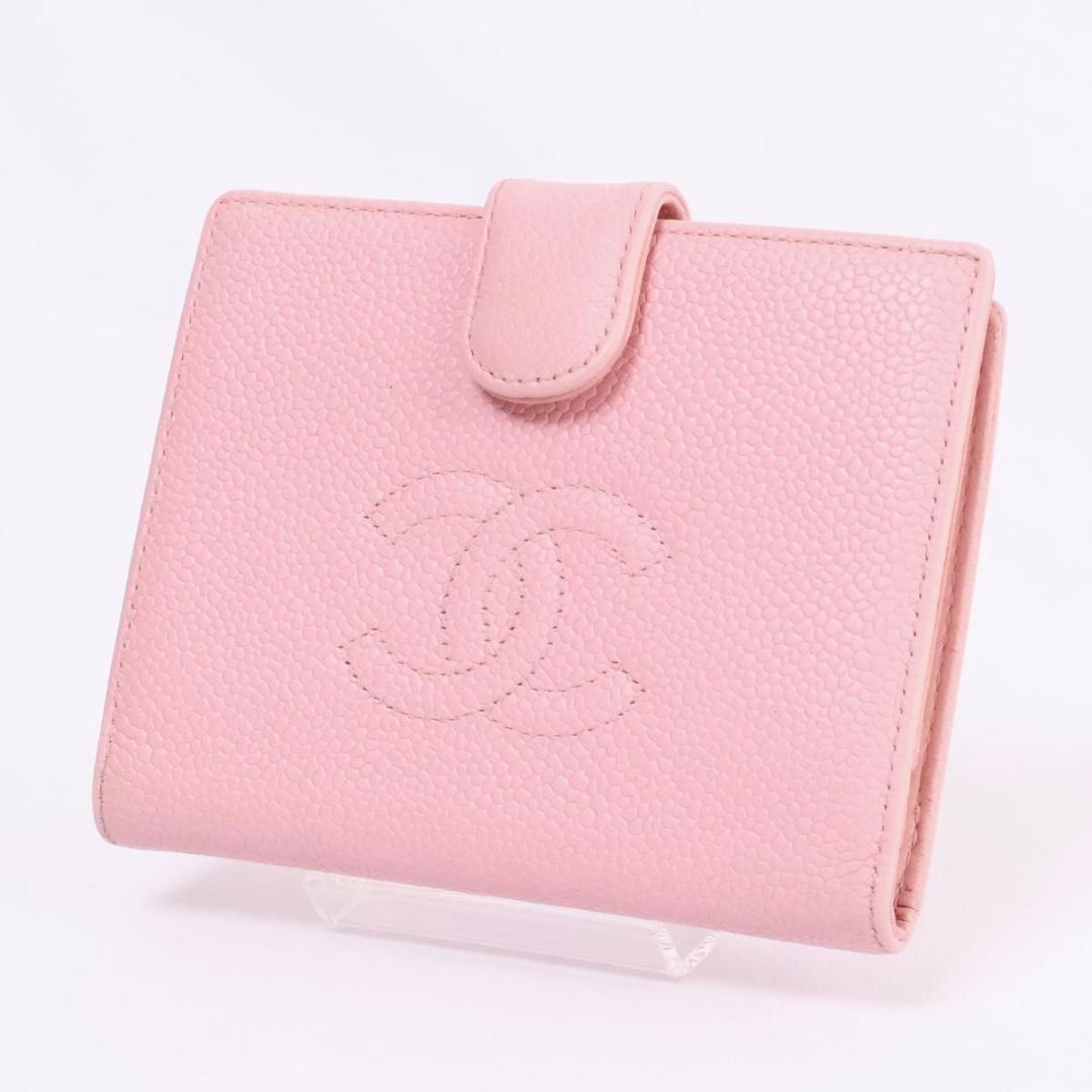 【極美品】CHANEL がま口二つ折り財布　ココマーク　キャビアスキン　ピンク