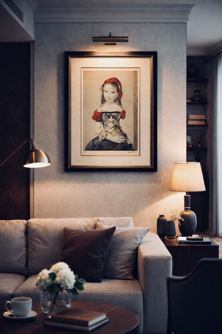 藤田嗣治『猫を抱く少女』限定67/300 額装版画 シルクスクリーン 本物保証