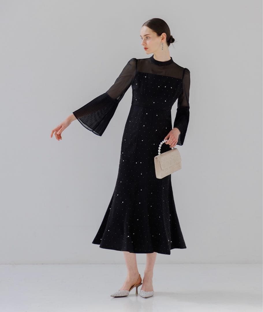 Leja パールビジュー付き透け感プリーツフレアスリーブビーズマーメイドドレス