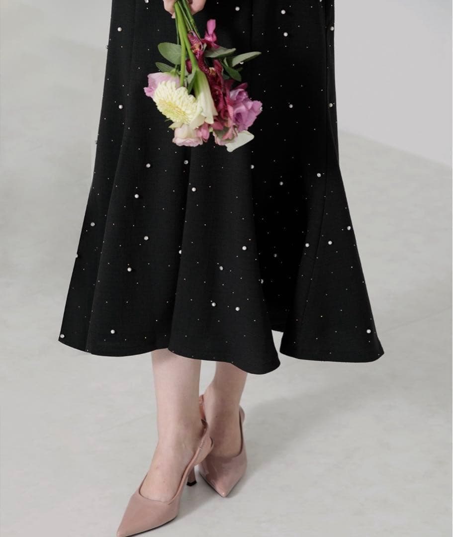 Leja パールビジュー付き透け感プリーツフレアスリーブビーズマーメイドドレス