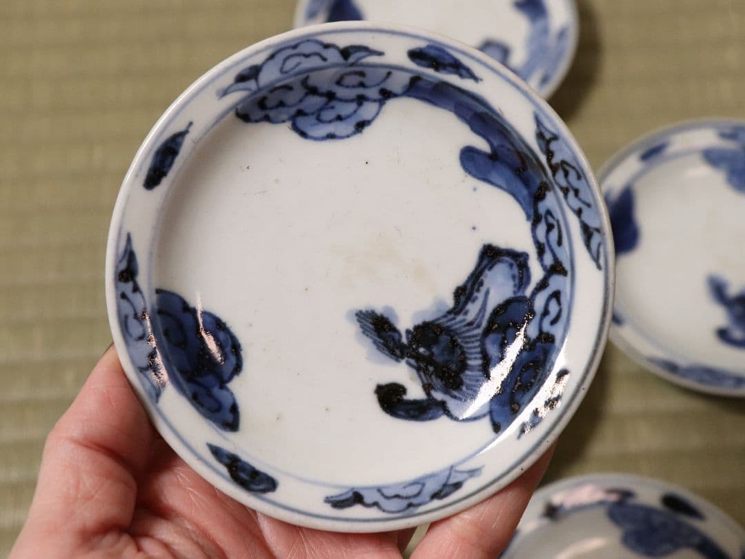 古伊万里 雲龍 染付 醤油皿 五客 約10cm 手塩 小皿 陶芸【MA476】