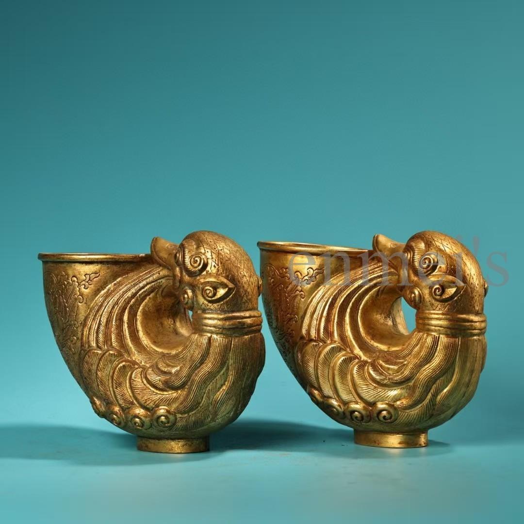 中国古美術・旧蔵純銅製・鎏金鳳凰酒杯一対・ワイングラス・高浮彫・錾刻・酒具・置物