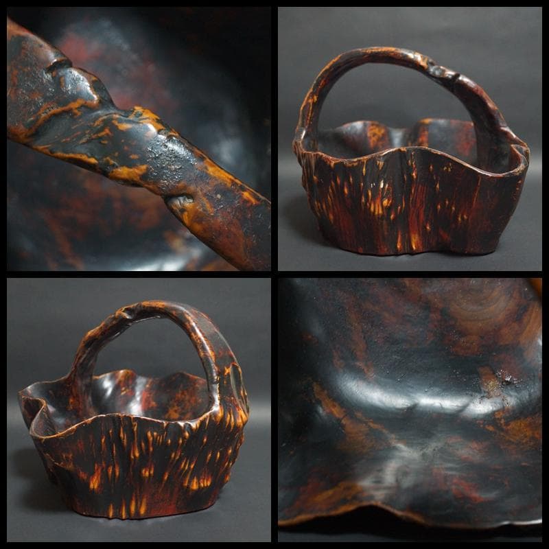 大きな自然木切株 変木 奇形木 くり抜き バスケット籠 カゴ 花籠果物籠オブジェ