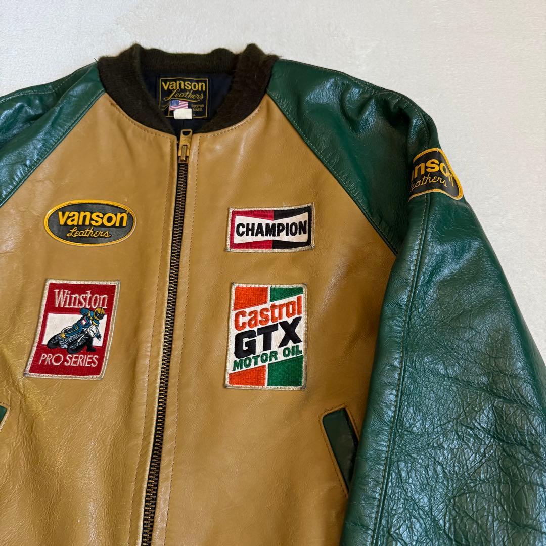 VANSONレザージャケット グリーン ワッペン 42