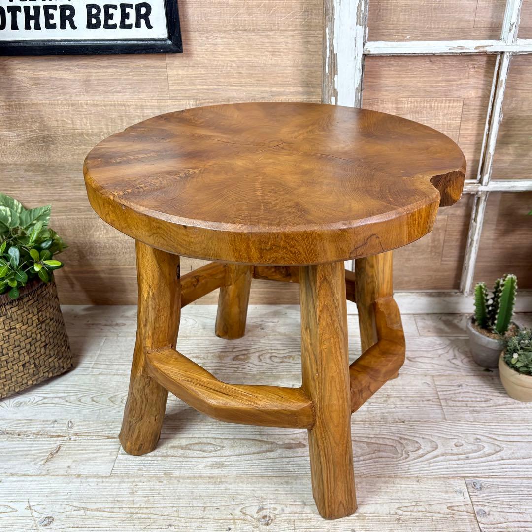 オールドチーク天然無垢材木製創作極太サイドテーブル L（直径55㎝）ウッド飾り台