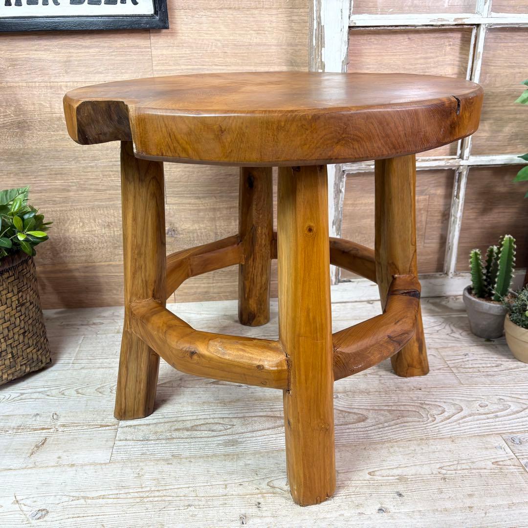 オールドチーク天然無垢材木製創作極太サイドテーブル L（直径55㎝）ウッド飾り台