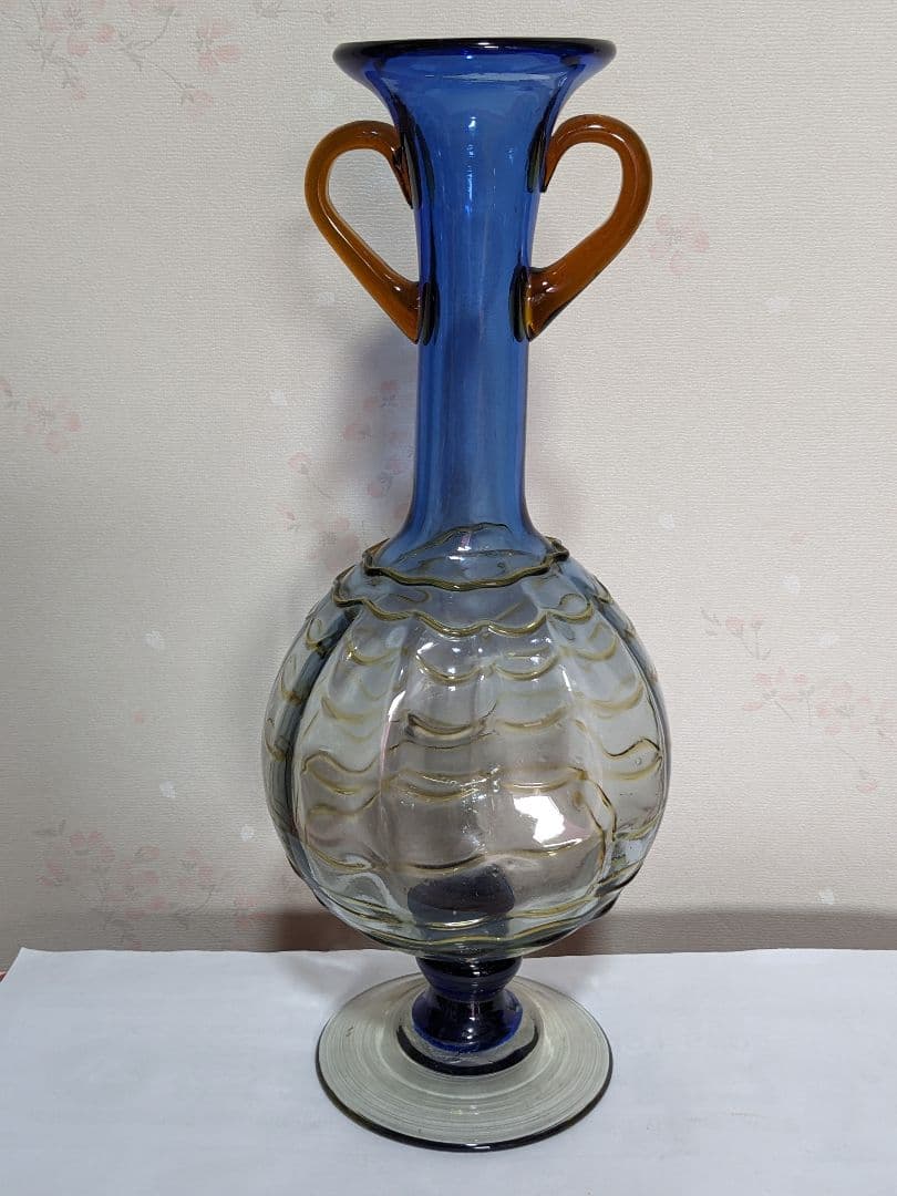 ♦西洋アンティーク 扁壺双耳 ガラス花瓶 アールヌーボー ？フランス 骨董品