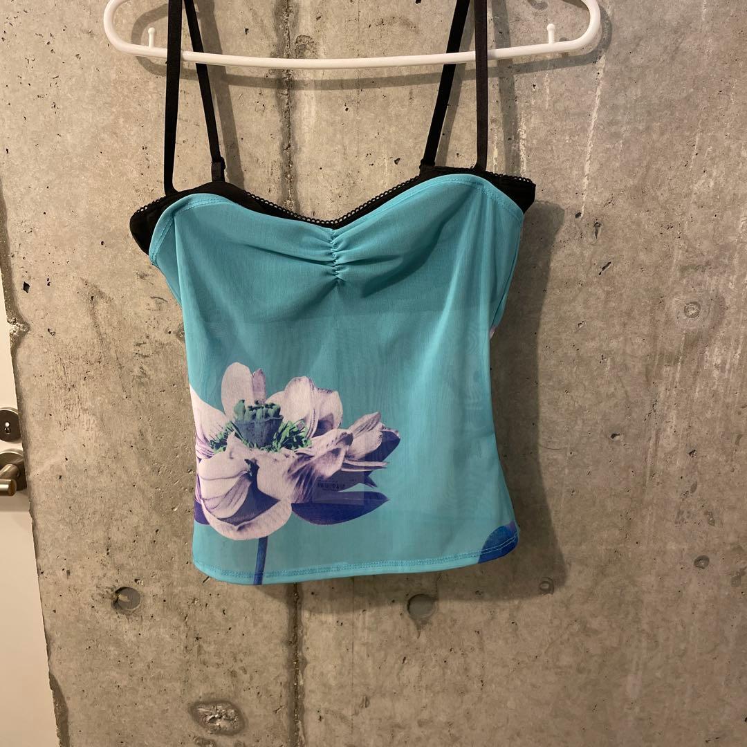 Miaou 青色 花柄 シースルータンクトップ