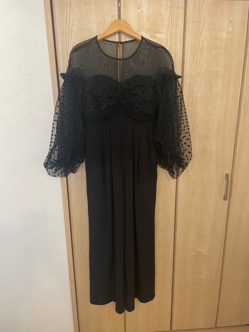 【Sサイズ】ブラック ドット柄 シースルー袖 パーティードレス