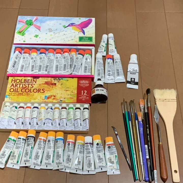 【購入前にコメント必須】ホルベイン油絵の具12色　アクリル絵の具26色　筆11本