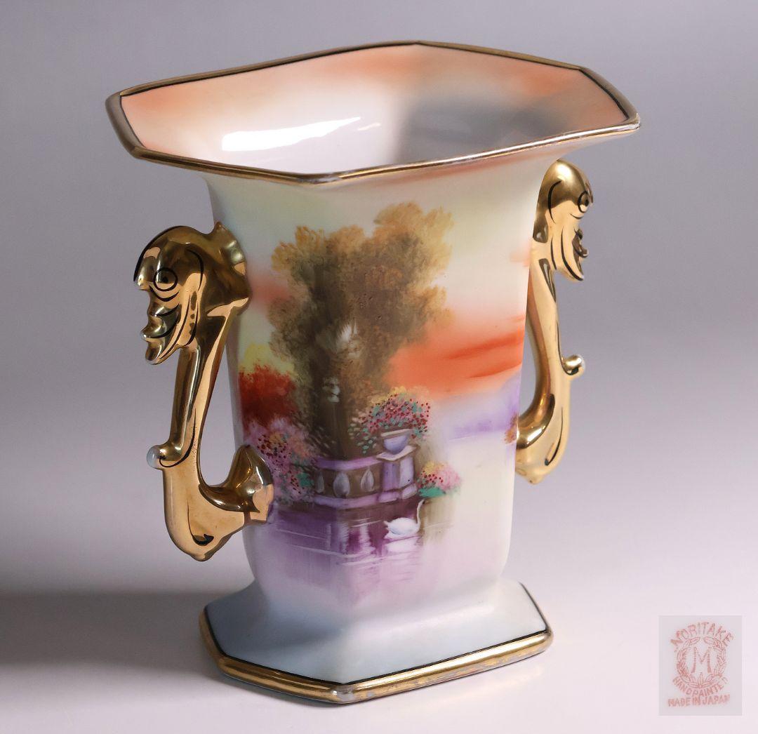 【CM305】オールドノリタケ 湖畔の風景 白鳥 花瓶 15.5cm 耳付 花入