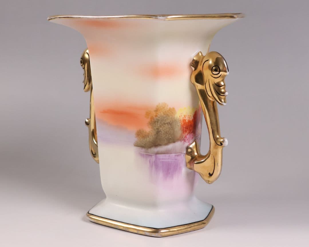 【CM305】オールドノリタケ 湖畔の風景 白鳥 花瓶 15.5cm 耳付 花入