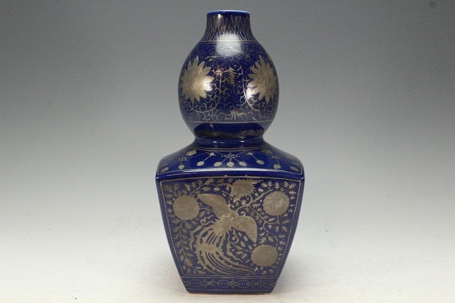 中国美術 瑠璃釉 銀彩 纏枝蓮花鳳紋 瓢瓶(K-XA832)