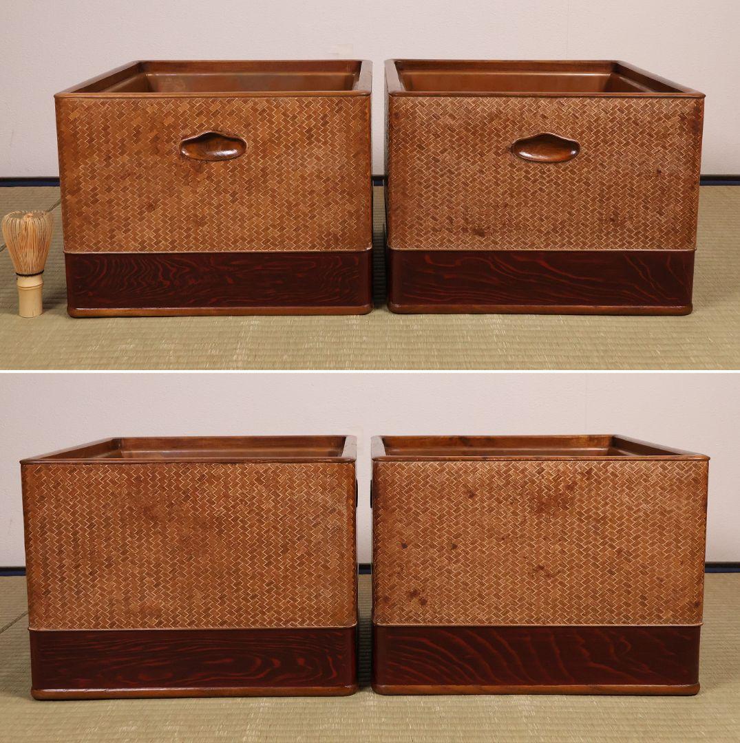 平安 象彦造 桑 網代 角形 火鉢 一対 幅32cm 古民具 木製【MB105】