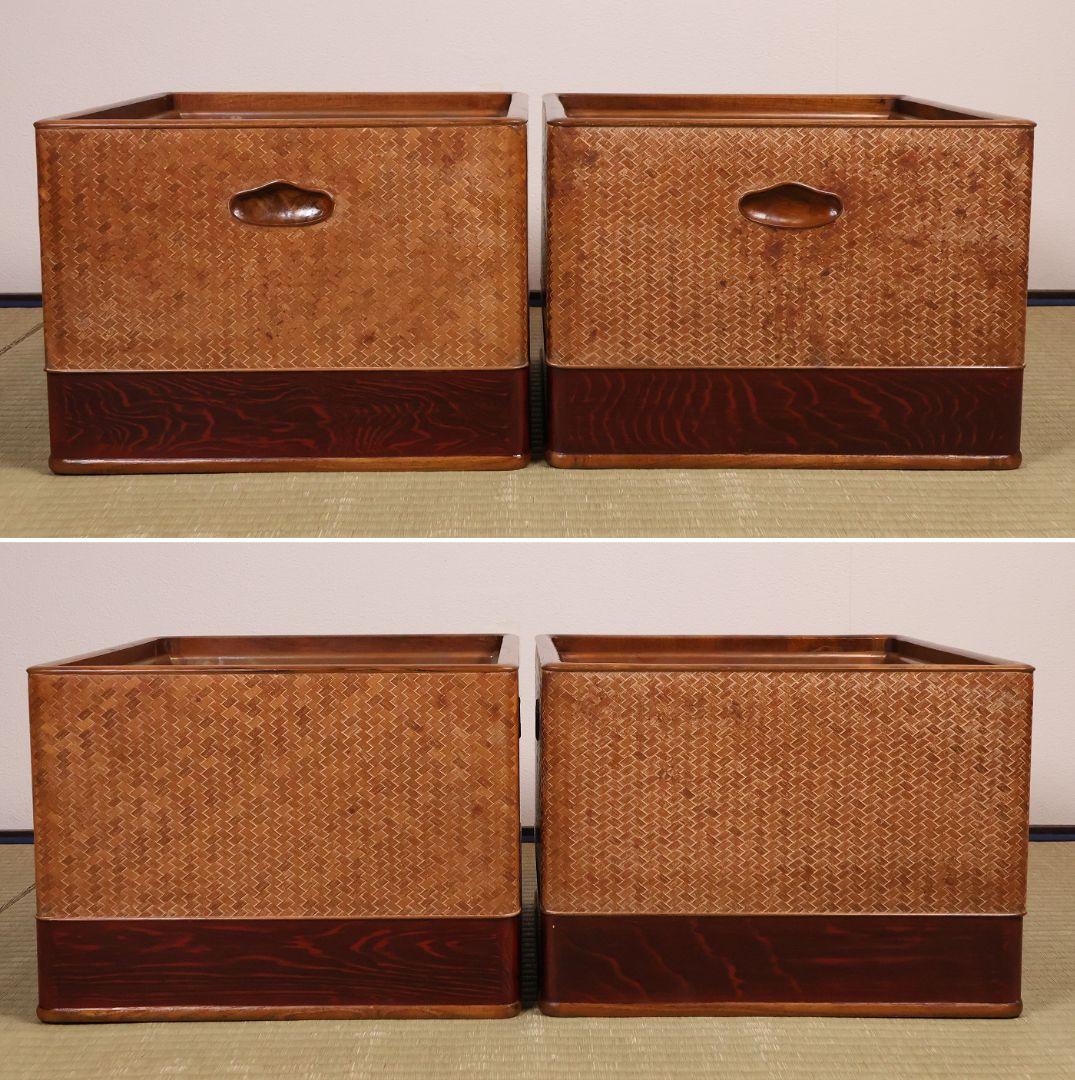 平安 象彦造 桑 網代 角形 火鉢 一対 幅32cm 古民具 木製【MB105】