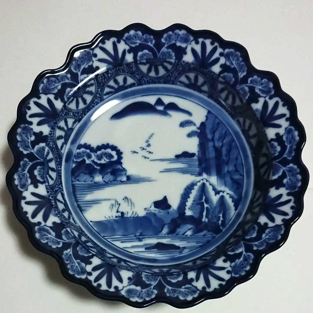 大判皿　龍峰　白×青　新品